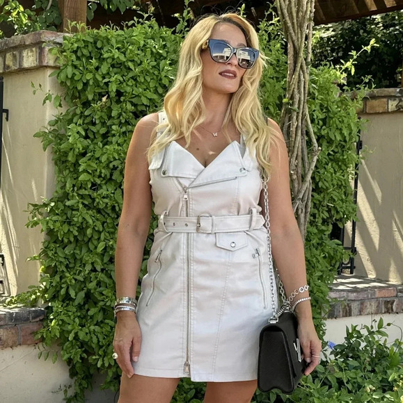 Stylish beige faux leather edgy Mini Dress - ready to ship - Picture 1 of 8